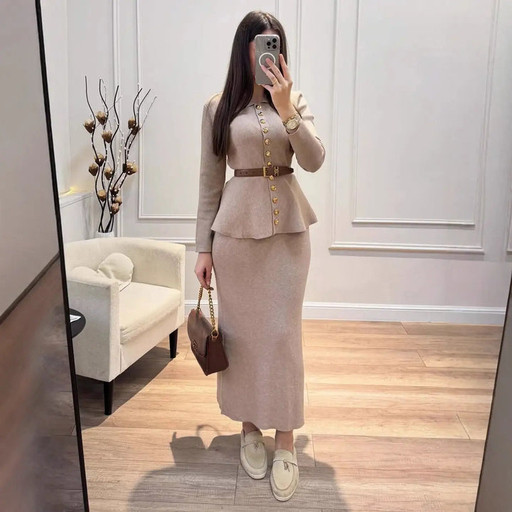 Beiges Damen-Set mit Blazer, Rock &amp; Gürtel, elegantes Outfit, IsabellBoutique030
