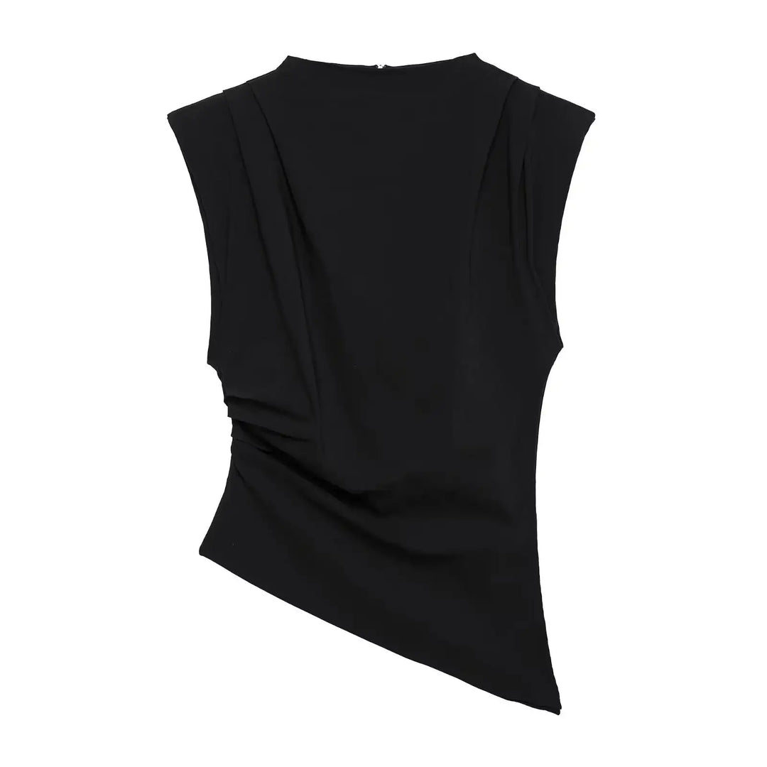 Schwarzes Damen-Top, asymmetrisch geschnitten, mit Raffungen. Jetzt bei IsabellBoutique030
