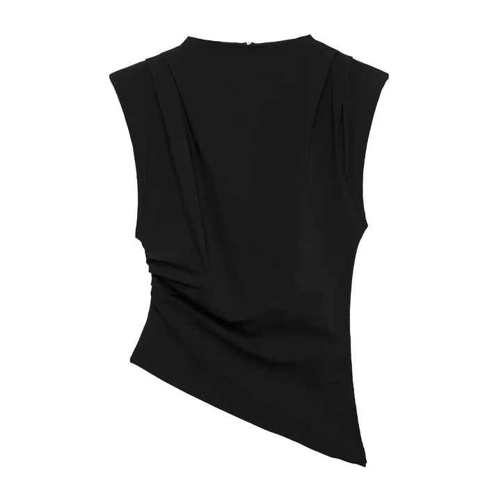 Schwarzes Damen-Top, asymmetrisch geschnitten, mit Raffungen. Jetzt bei IsabellBoutique030
