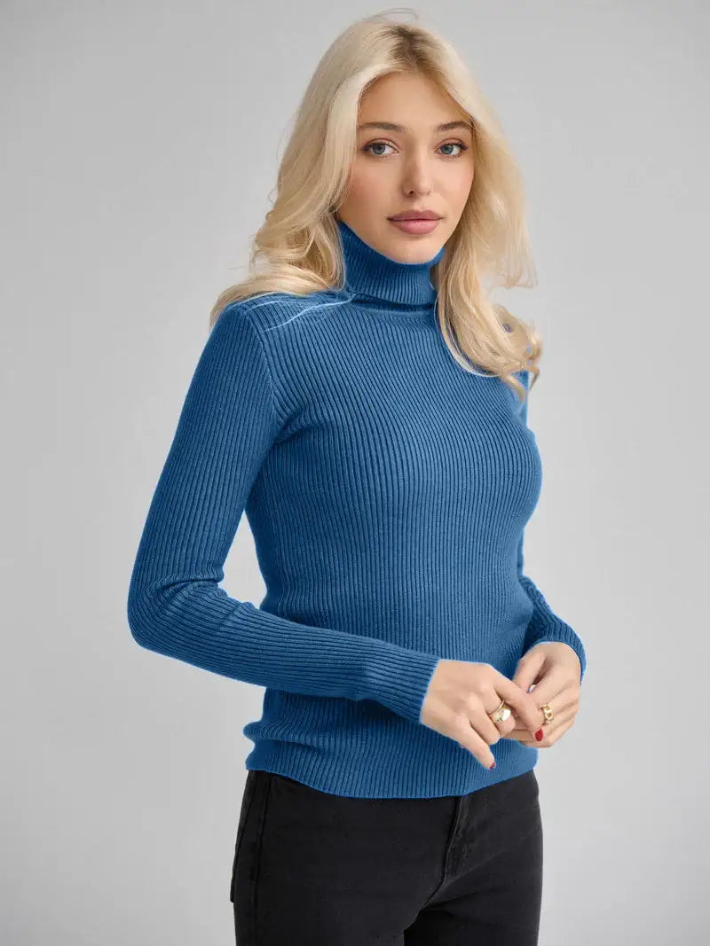Blauer Rollkragenpullover, Rippstrick, Damenmode, IsabellBoutique030