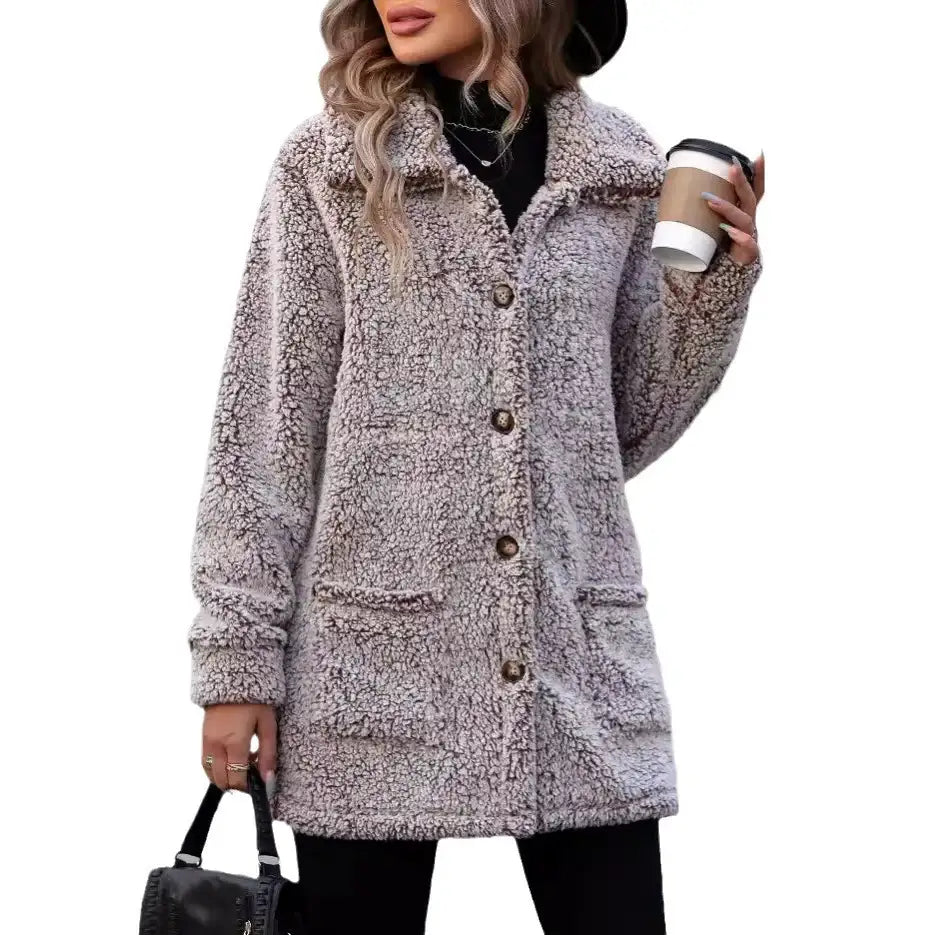 Grauer Teddyfell-Mantel mit Knöpfen, Damenmode, stilvoll, IsabellBoutique030