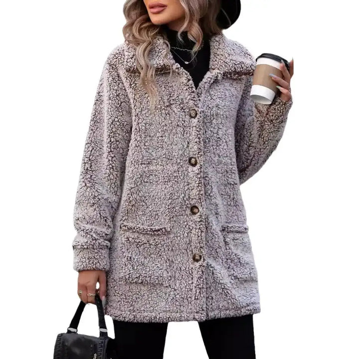 Grauer Teddyfell-Mantel mit Knöpfen, Damenmode, stilvoll, IsabellBoutique030
