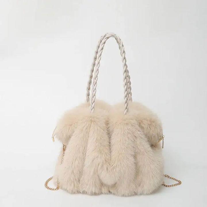 Neue Hochwertige Plüsch Schultertasche mit Faltenoptik in Kunst-Fuchsfell Design - Damenmode online kaufen | Isabell Boutique