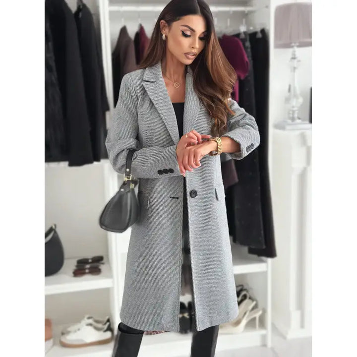 Grauer Mantel mit Fischgrätenmuster, elegantes Outfit, Damenmode von IsabellBoutique030