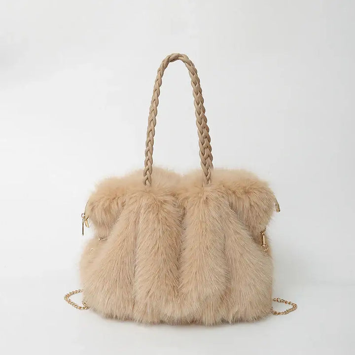 Neue Hochwertige Plüsch Schultertasche mit Faltenoptik in Kunst-Fuchsfell Design - Damenmode online kaufen | Isabell Boutique
