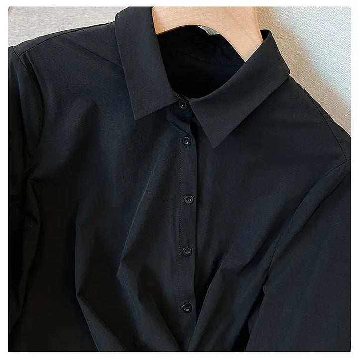 Schwarze Damenbluse mit Kragen, Knopfleiste ve elegantem Stil. IsabellBoutique030