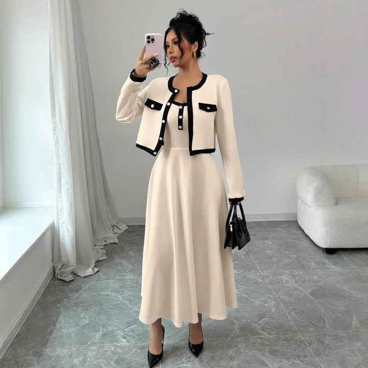 Cremefarbenes Damen-Kleid mit schwarzer Jacke, elegant, IsabellBoutique030