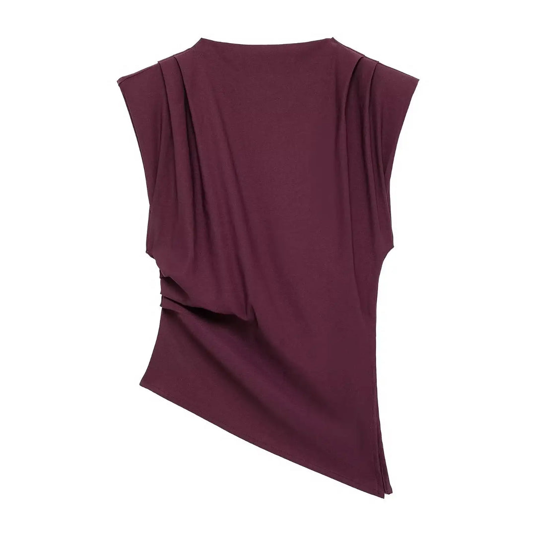 Burgunderfarbenes Damen-Oberteil mit Raffungen. Asymmetrischer Schnitt. Trendige Damenmode bei IsabellBoutique030