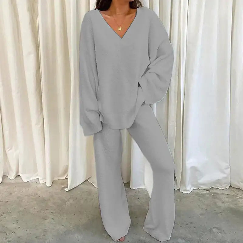 Winterliches Einfarbiges V-Ausschnitt Freizeit Homewear Zweiteiler Set - Damenmode online kaufen | Isabell Boutique