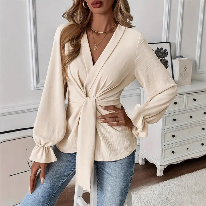 Creme Wickelbluse mit Knoten-Detail, Langarm &amp; IsabellBoutique030