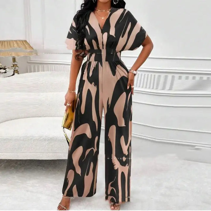 Locker Geschnittener Bedruckter Lang Jumpsuit mit V-Ausschnitt - Damenmode online kaufen | Isabell Boutique
