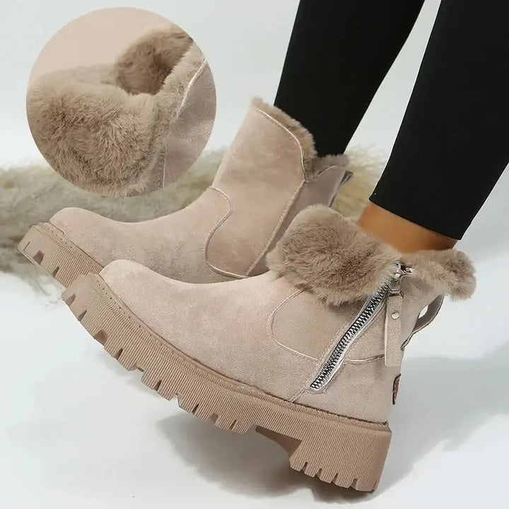 Beigefarbene Winterstiefel mit Fell und Reißverschluss, für Damen, IsabellBoutique030