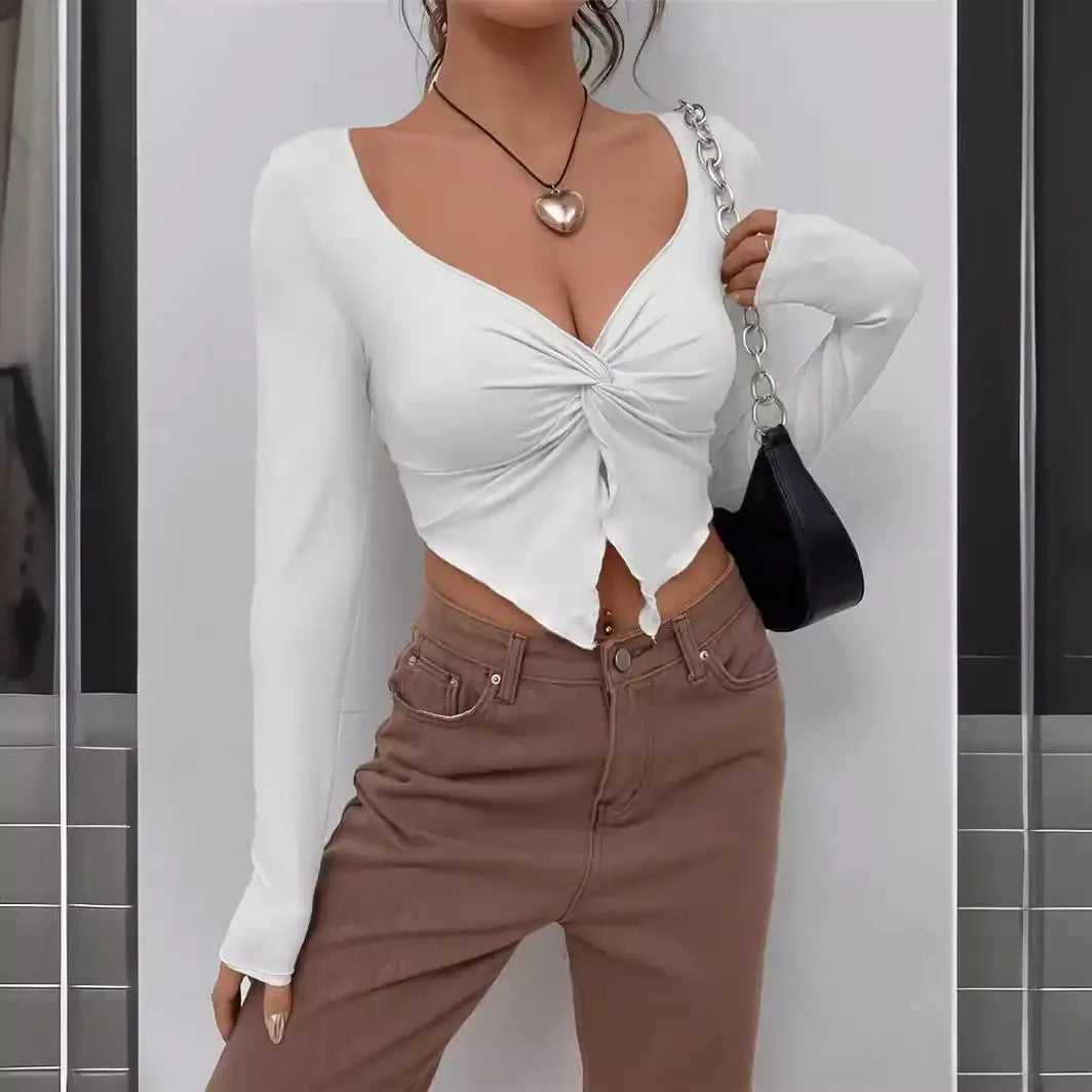 Weißes Langarm-Top mit Knoten, Damenmode, IsabellBoutique030