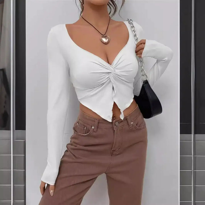 Weißes Langarm-Top mit Knoten, Damenmode, IsabellBoutique030