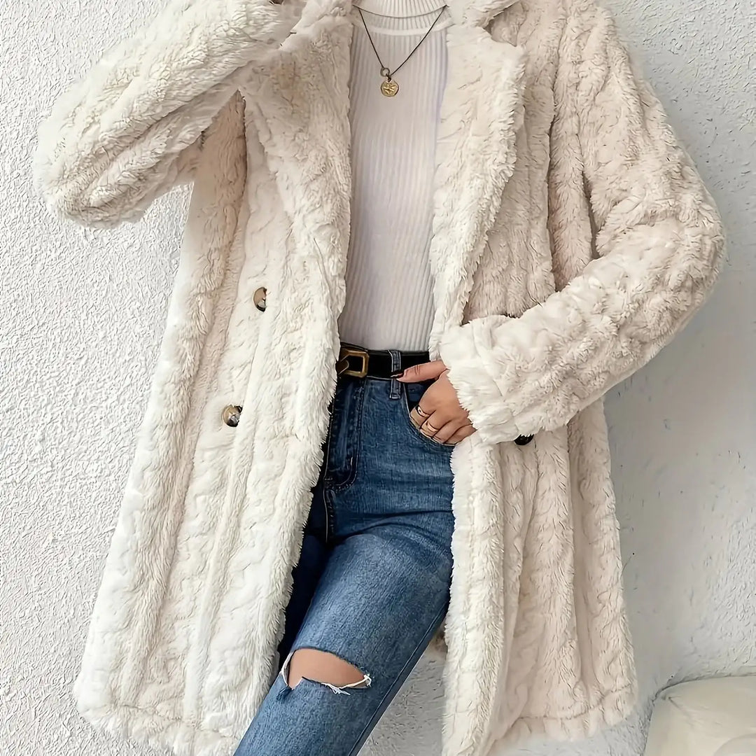 Weißer Teddyfell-Mantel mit Knöpfen, Jeans, Damenmode, IsabellBoutique030