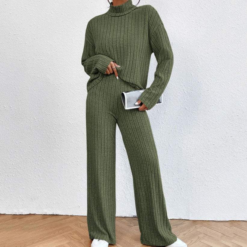 Olivgrünes Strickset mit Rollkragenpullover und weiten Hosen, IsabellBoutique030