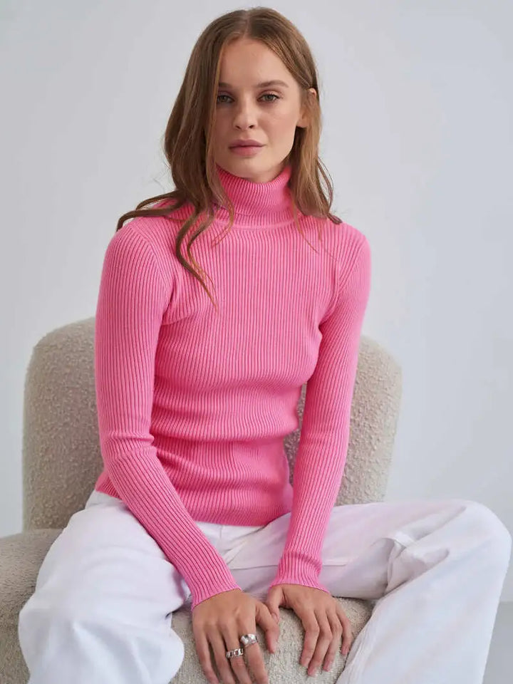 Rosafarbener Rollkragenpullover, Rippstrick, Damenmode, IsabellBoutique030