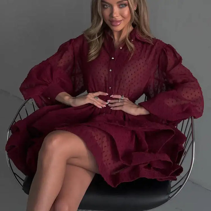 Bordeaux-Kleid mit Puffärmeln, Chiffon-Look, IsabellBoutique030
