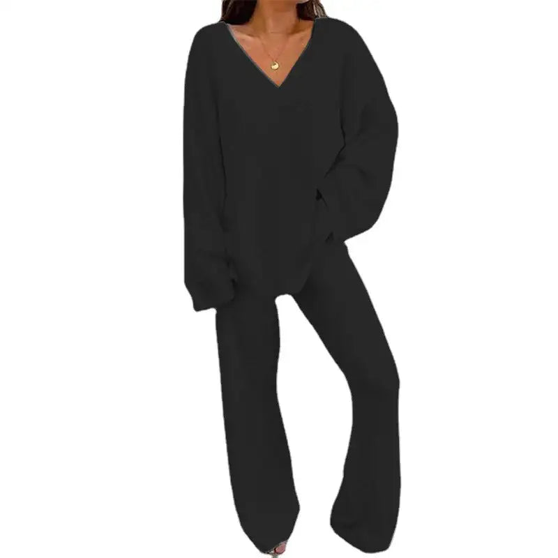 Winterliches Einfarbiges V-Ausschnitt Freizeit Homewear Zweiteiler Set - Damenmode online kaufen | Isabell Boutique