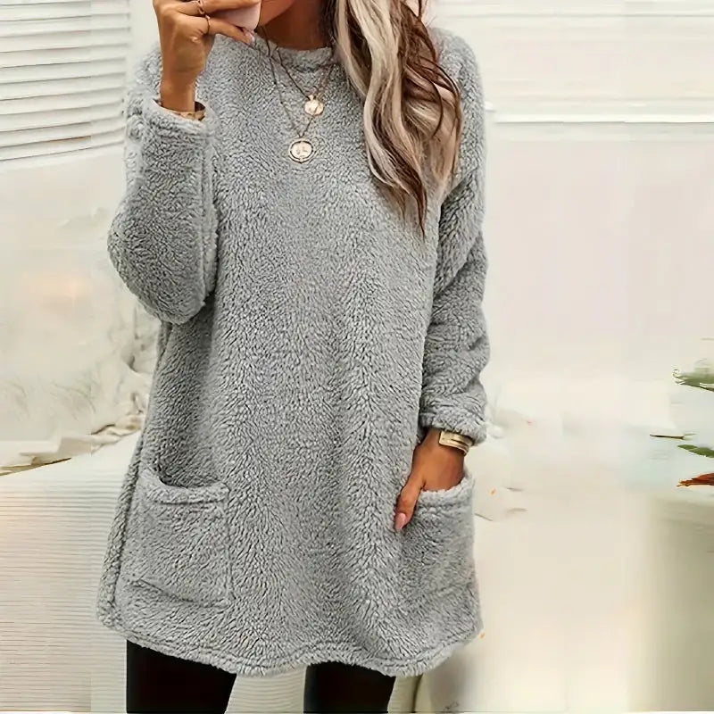 Damen Langarm Plüsch Hoodie T-Shirt mit Taschen - Damenmode online kaufen | Isabell Boutique