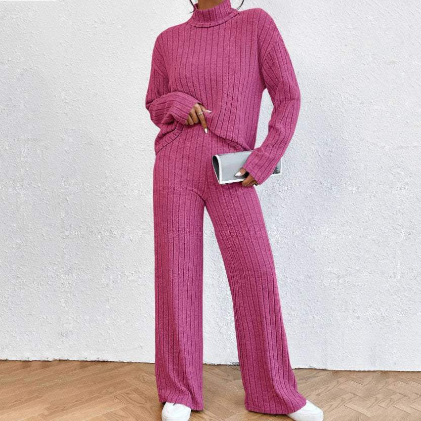 Rosafarbener Strick-Hosenanzug mit Rollkragen, breite Hose. IsabellBoutique030