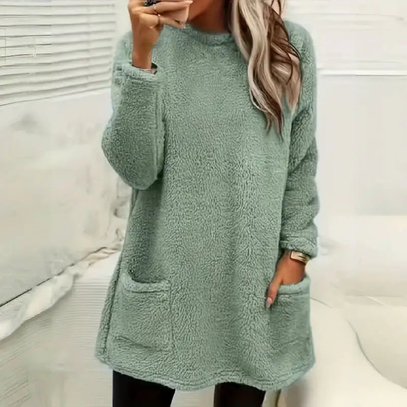 Damen Langarm Plüsch Hoodie T-Shirt mit Taschen - Damenmode online kaufen | Isabell Boutique