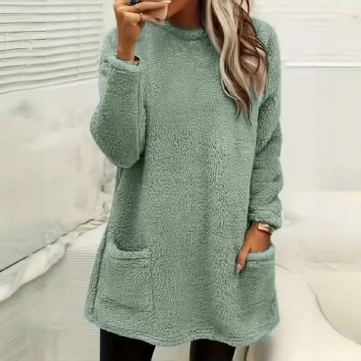 Damen Langarm Plüsch Hoodie T-Shirt mit Taschen - Damenmode online kaufen | Isabell Boutique