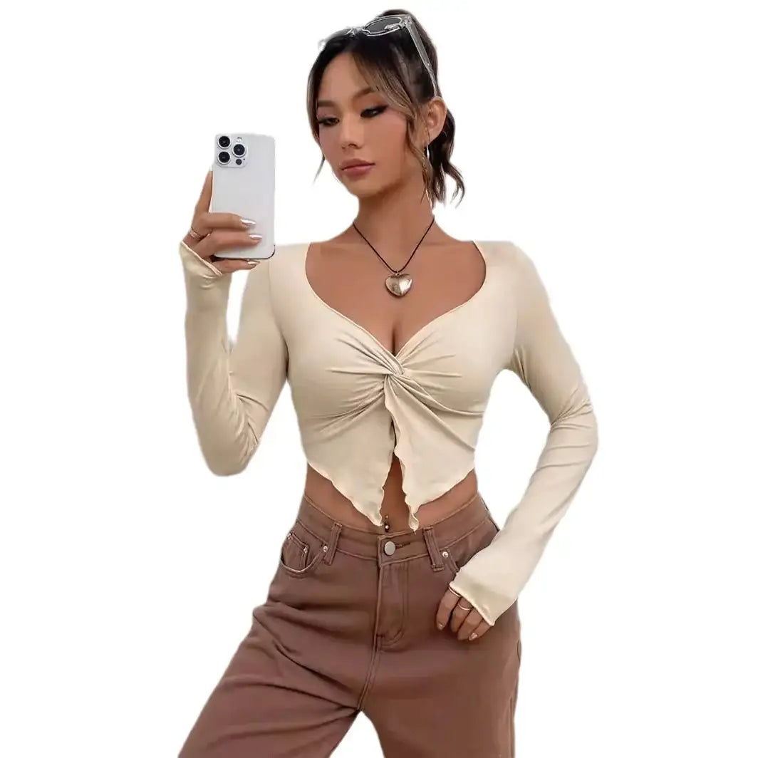 Beiges Crop-Top mit Knoten und langen Ärmeln, modisch für Damen, IsabellBoutique030