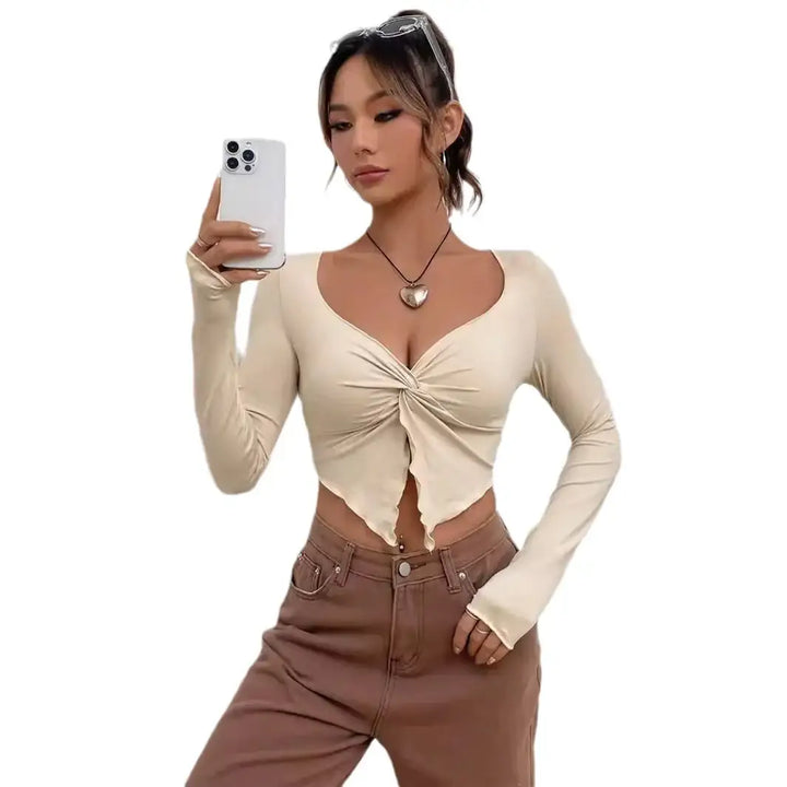 Beiges Crop-Top mit Knoten und langen Ärmeln, modisch für Damen, IsabellBoutique030