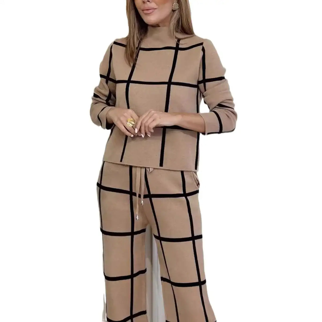 Damen Rollkragen Langarm Kariertes Print-Hosenanzug Set - Damenmode online kaufen | Isabell Boutique