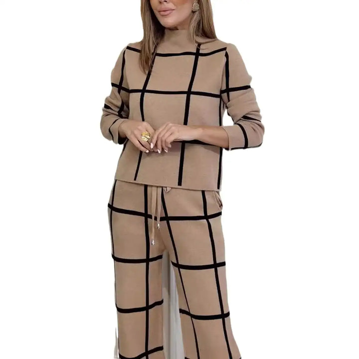 Damen Rollkragen Langarm Kariertes Print-Hosenanzug Set - Damenmode online kaufen | Isabell Boutique