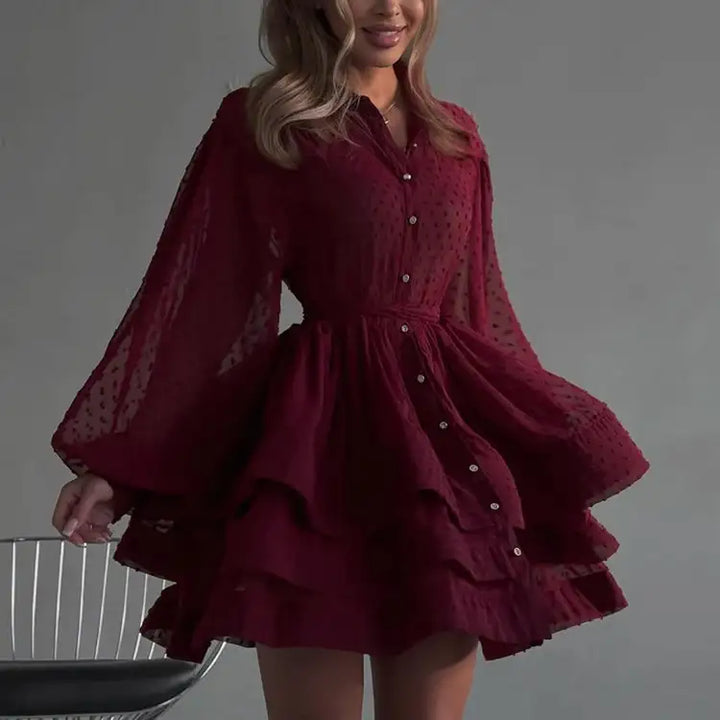 Bordeauxfarbenes Chiffonkleid mit langen Ärmeln und Rüschen, IsabellBoutique030
