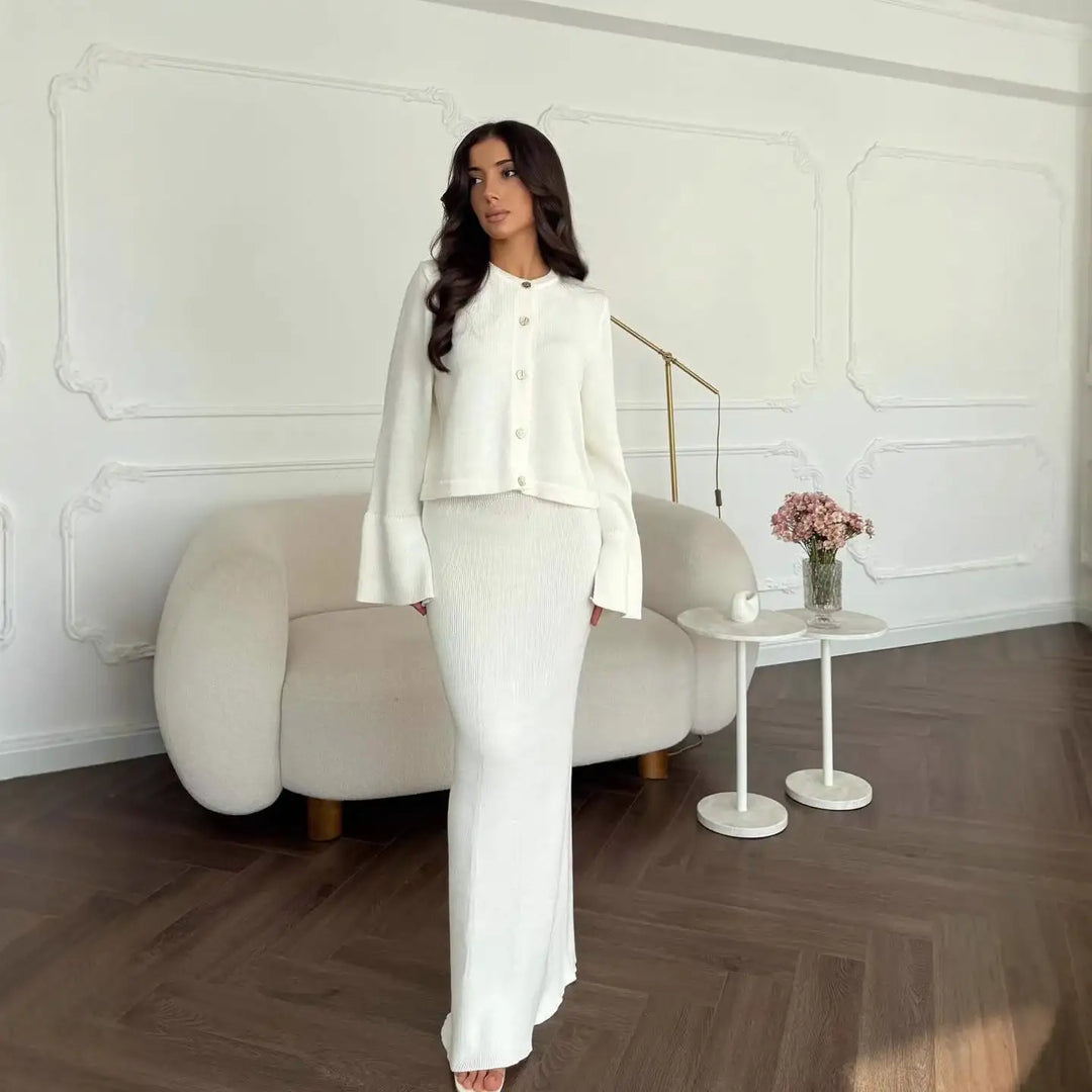 Weißes Strickset, figurbetontes langes Kleid mit Jacke, elegantes Outfit, IsabellBoutique030