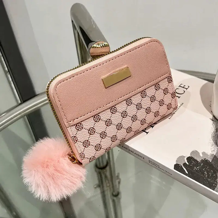 Rosa Damen-Geldbörse mit geometrischem Muster, Reißverschluss und flauschigem Pompon, elegant