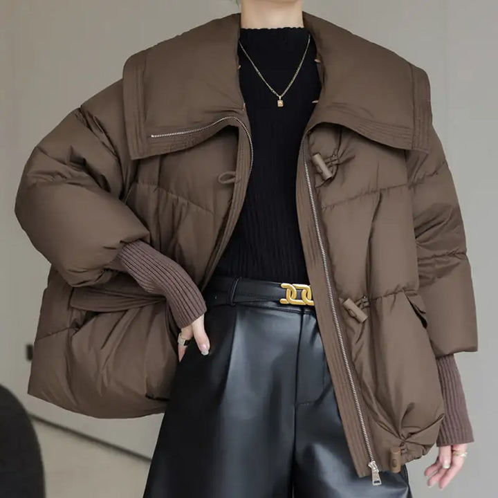 Braune Steppjacke mit breitem Kragen, Reißverschluss, Winterjacke für Damen, IsabellBoutique030