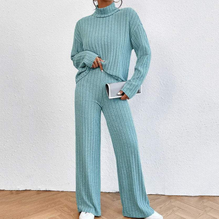 Türkis Rippstrick Set, Rollkragenpullover und weite Hose, Damenmode bei IsabellBoutique030