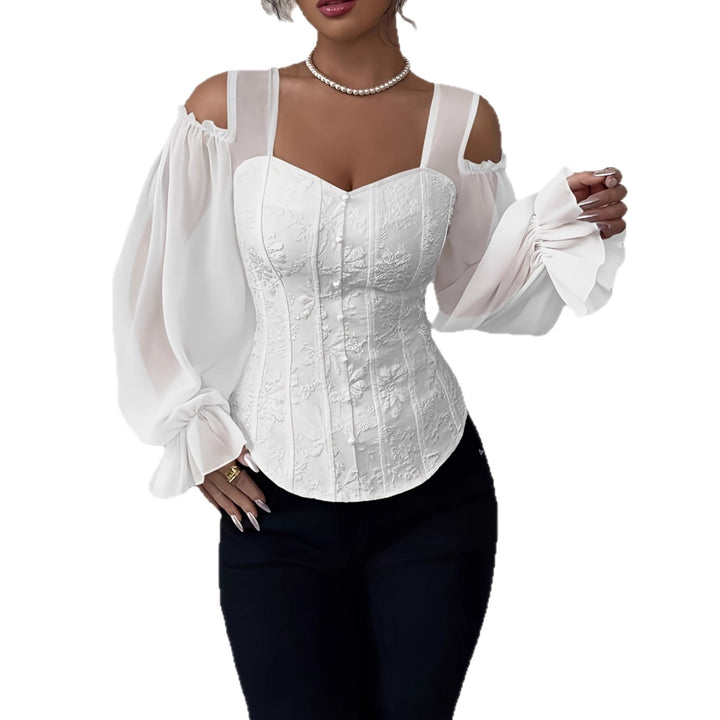 Weißes Blusenkleid mit Puffärmeln und floralem Muster, elegant und figurbetont, IsabellBoutique030