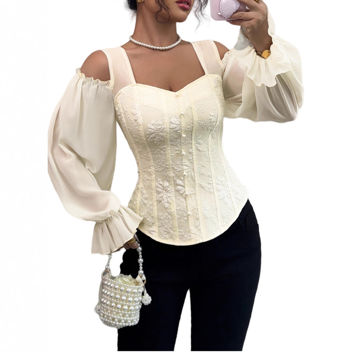 Cremefarbene Bluse mit floraler Stickerei, Puffärmeln und Schulterfreiem Design, IsabellBoutique030