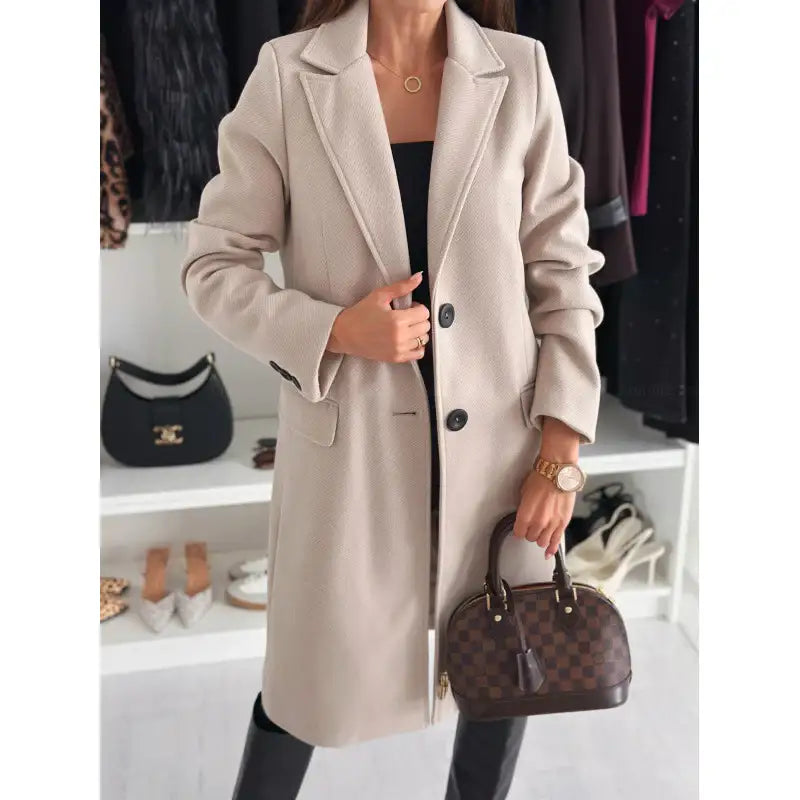 Beigefarbener Wollmantel, elegante Damenmode, IsabellBoutique030