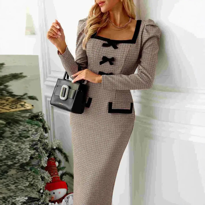 Elegantes, braunes Kleid mit Schleifen, Karomuster, Bleistiftrock, Langarm, Damenmode IsabellBoutique030