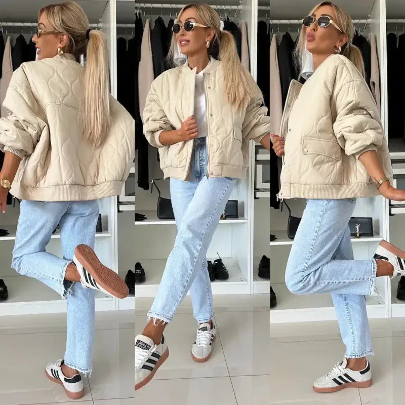 Beige Steppjacke mit Jeans, Sneaker Look, lässiger Streetstyle, IsabellBoutique030