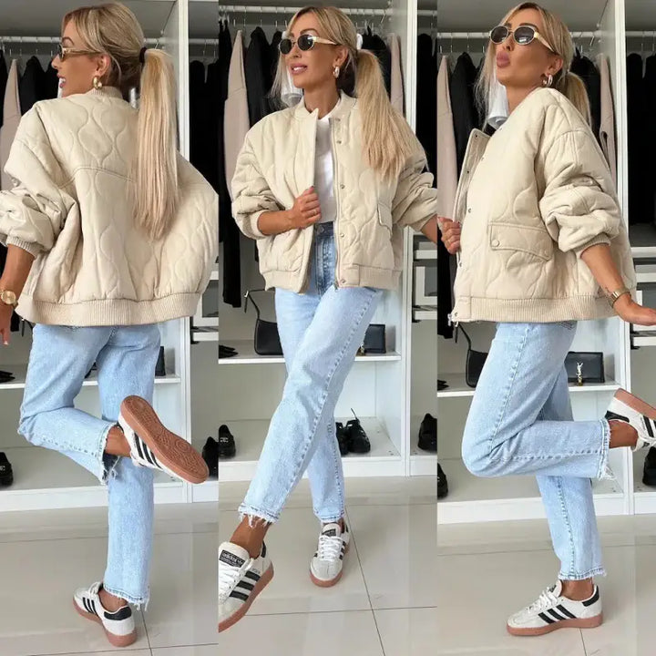 Beige Steppjacke mit Jeans, Sneaker Look, lässiger Streetstyle, IsabellBoutique030