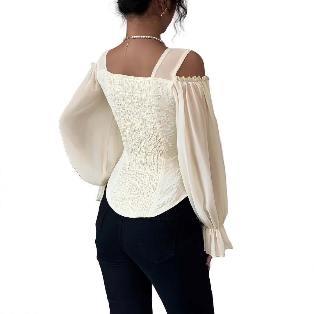 Cremefarbene Off-Shoulder Bluse mit Puffärmeln und Rüschen, elegant und feminin, IsabellBoutique030