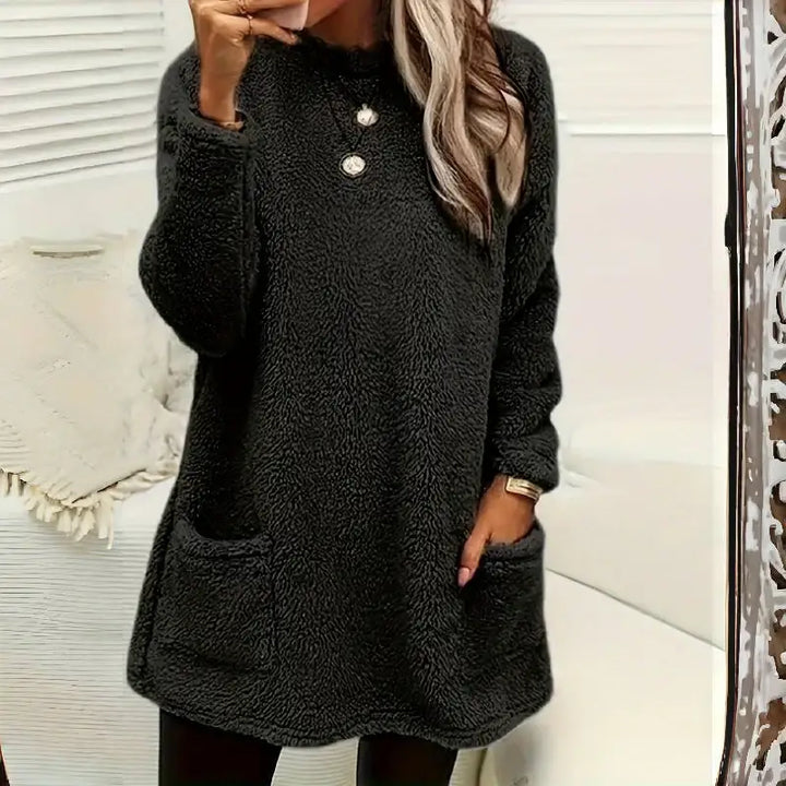 Damen Langarm Plüsch Hoodie T-Shirt mit Taschen - Damenmode online kaufen | Isabell Boutique