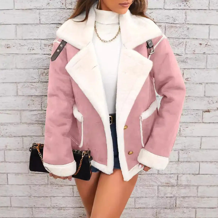 Rosa Shearling Jacke mit weißem Kunstfell, Damenmode von IsabellBoutique030