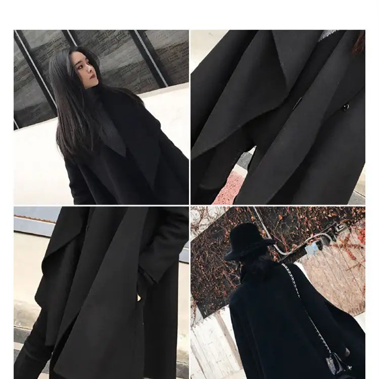 Schwarzer Mantel mit Wasserfallkragen für Damen, stilvoll, IsabellBoutique030