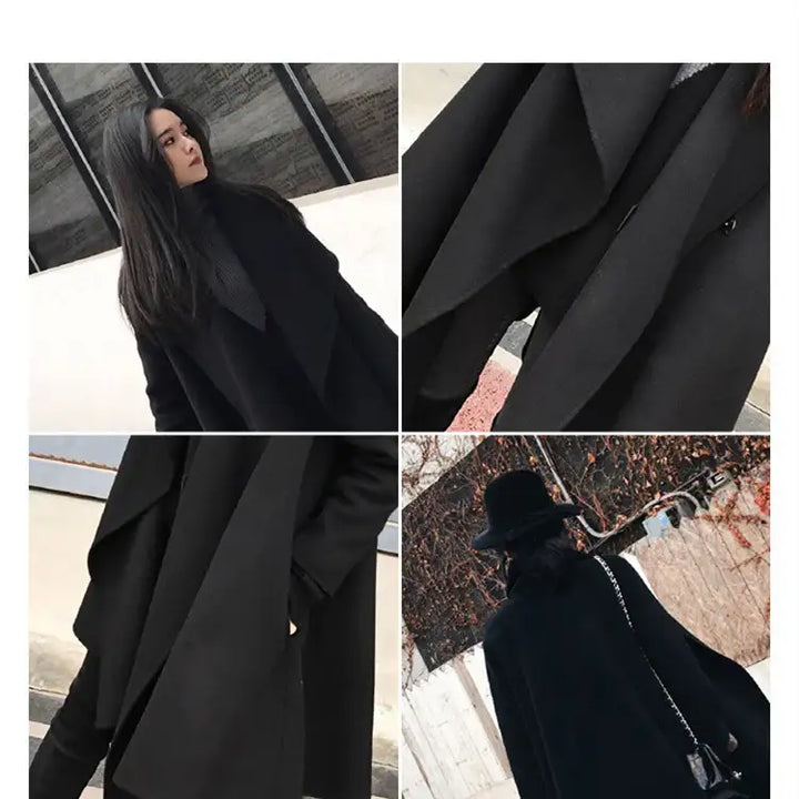 Schwarzer Mantel mit Wasserfallkragen für Damen, stilvoll, IsabellBoutique030