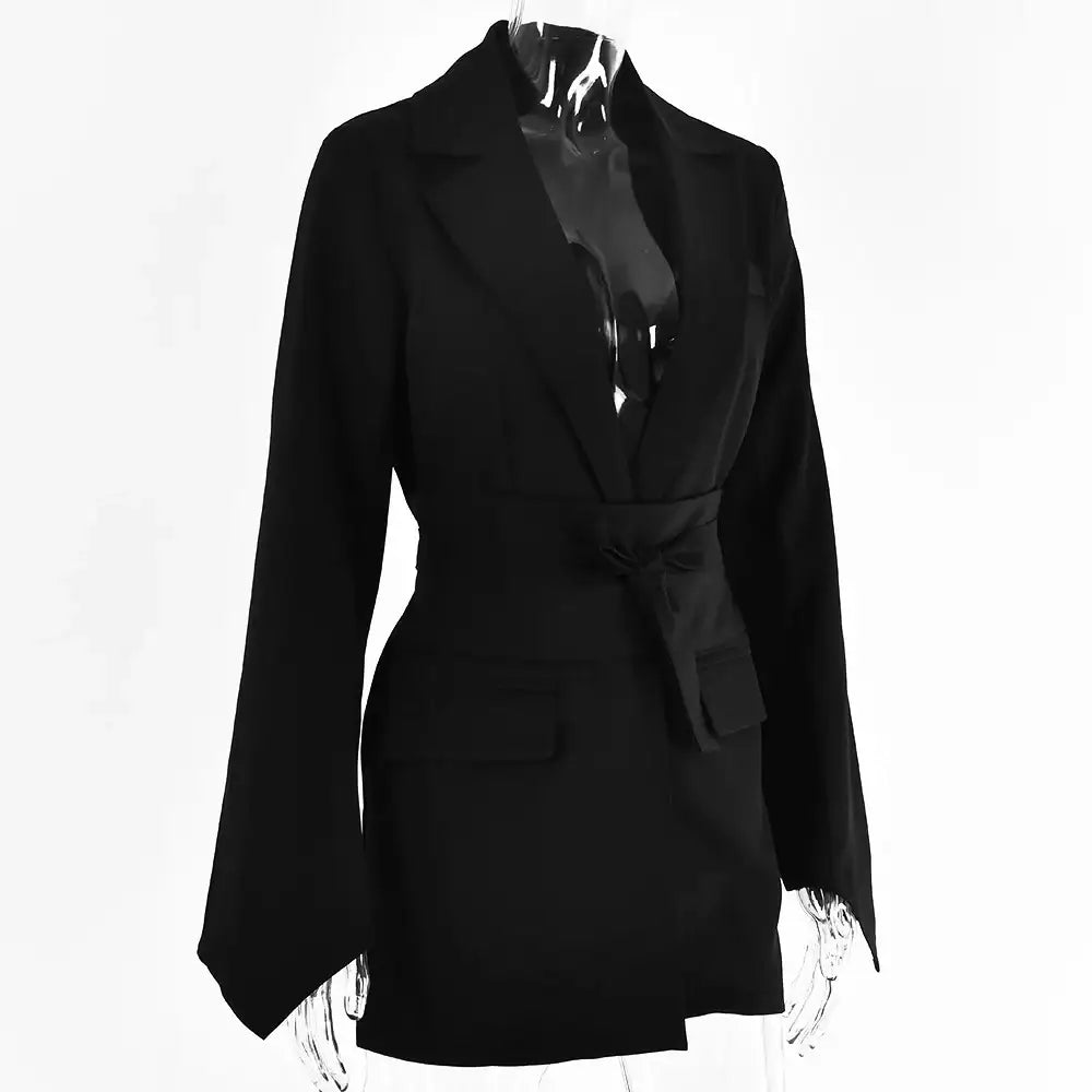 Schwarzes Blazerkleid mit Bindegürtel, Business-Look, IsabellBoutique030