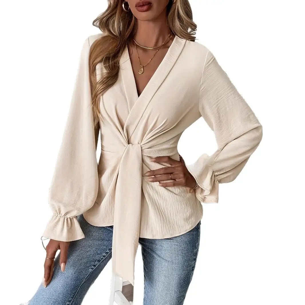 Cremefarbene Wickelbluse mit Knoten und weiten Ärmeln, Damenmode bei IsabellBoutique030