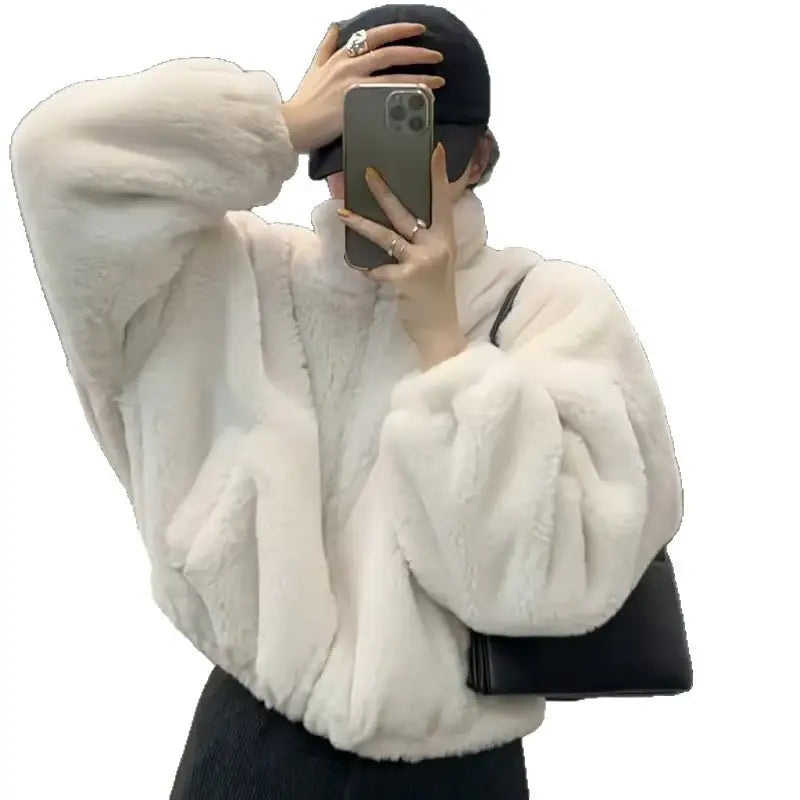 Weißer Kunstfell-Jacke, Damen, moderner Stil, Trend, IsabellBoutique030
